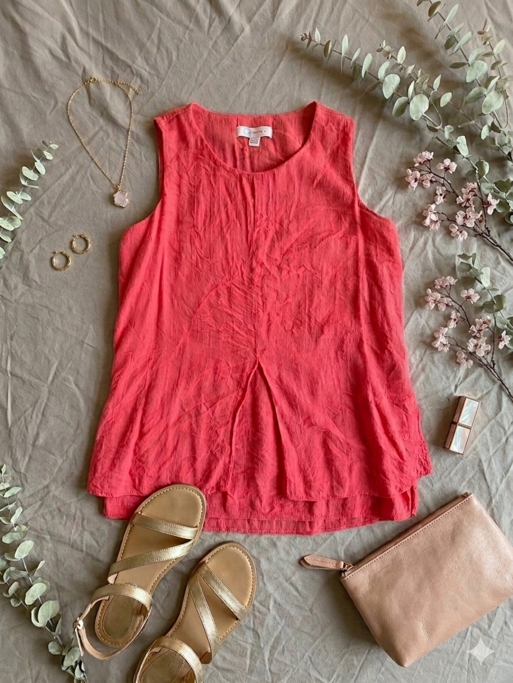Sleeveless Coral Tank Top with Front Pleat